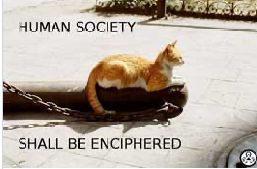 Original Enciphered Cat image with the inscription HUMAN SOCIETY SHALL BE ENCIPHERED